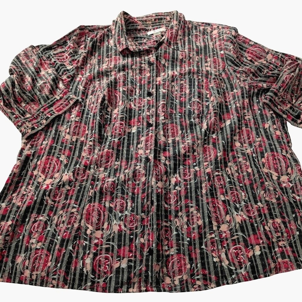 Vintage CJ Banks Blouse Plus Size 3X XXX Black Pink‎ Floral Stripe Button Front